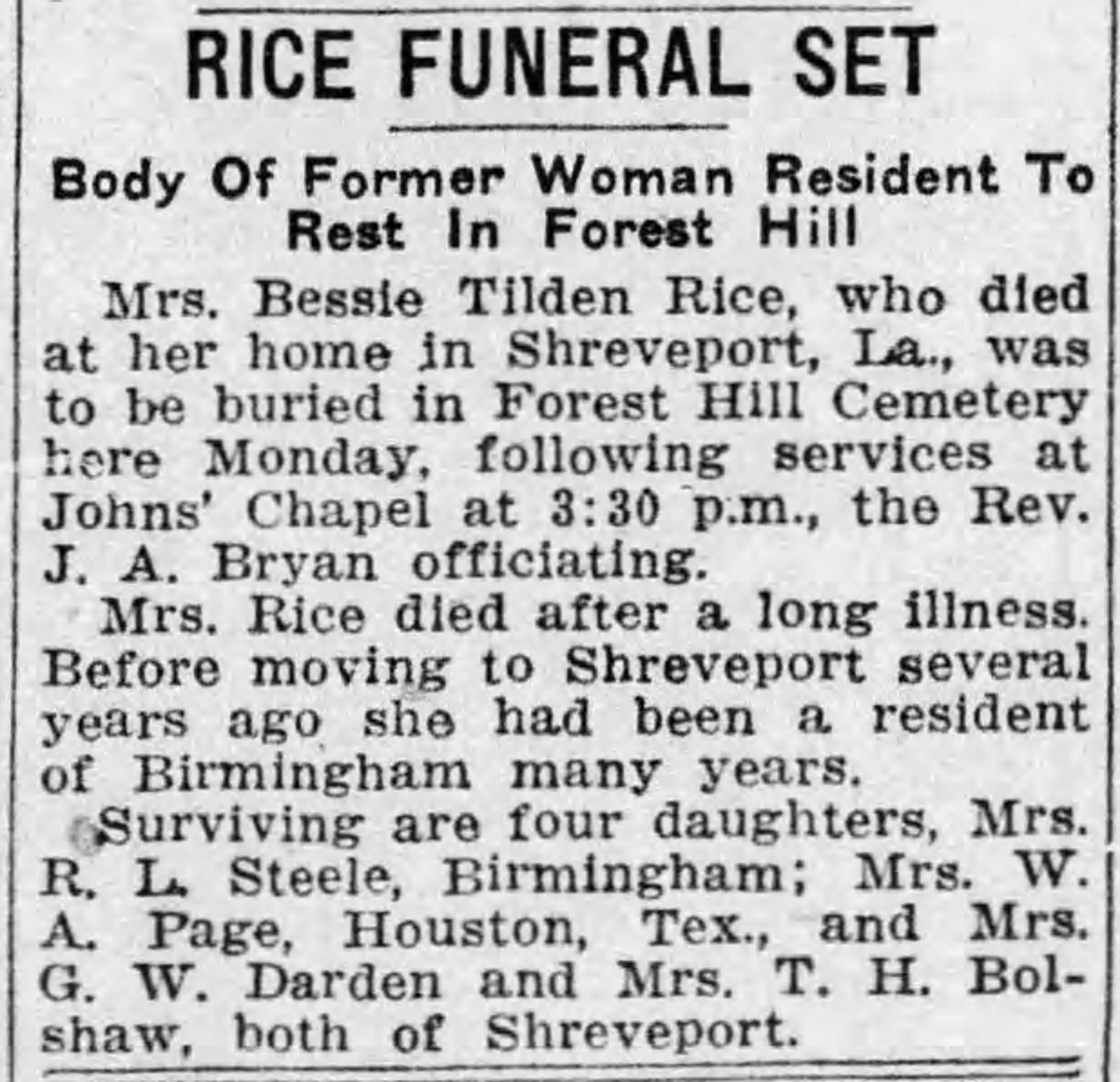 Bessie Tilden Rice obituary